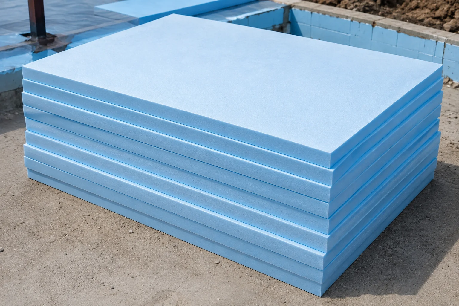 High-density XPS foam board insulation panels stacked at a construction site for wall, floor, and foundation insulation.