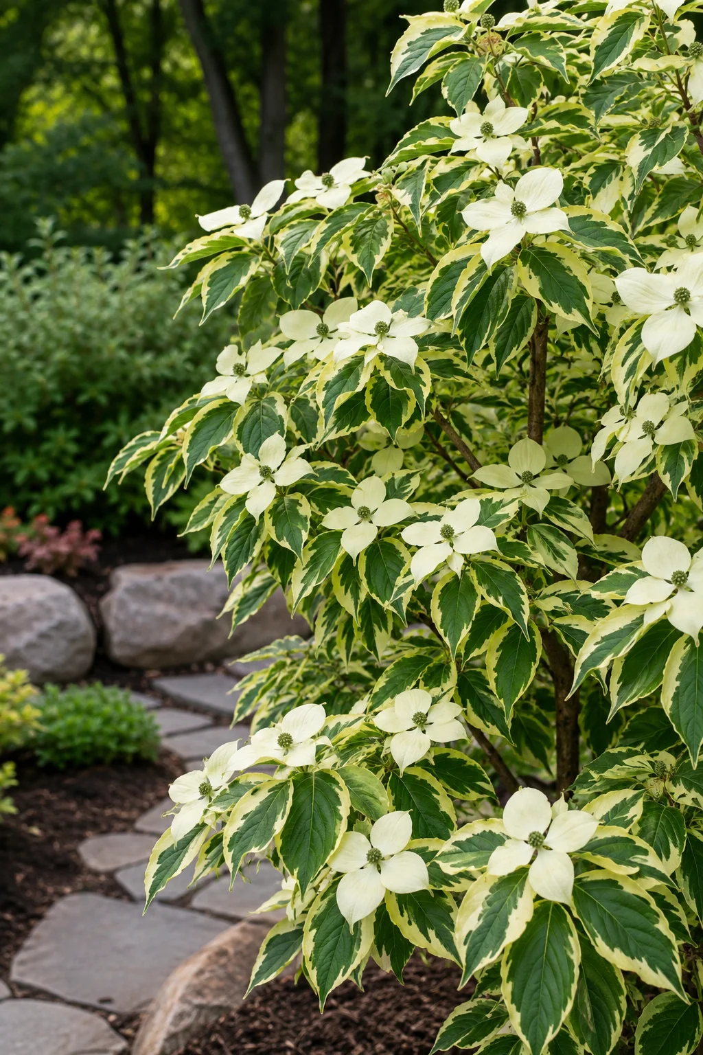 Realistic close-up of an Ivory Halo dogwood shrub with variegated green and creamy white leaves growing in a landscaped garden.