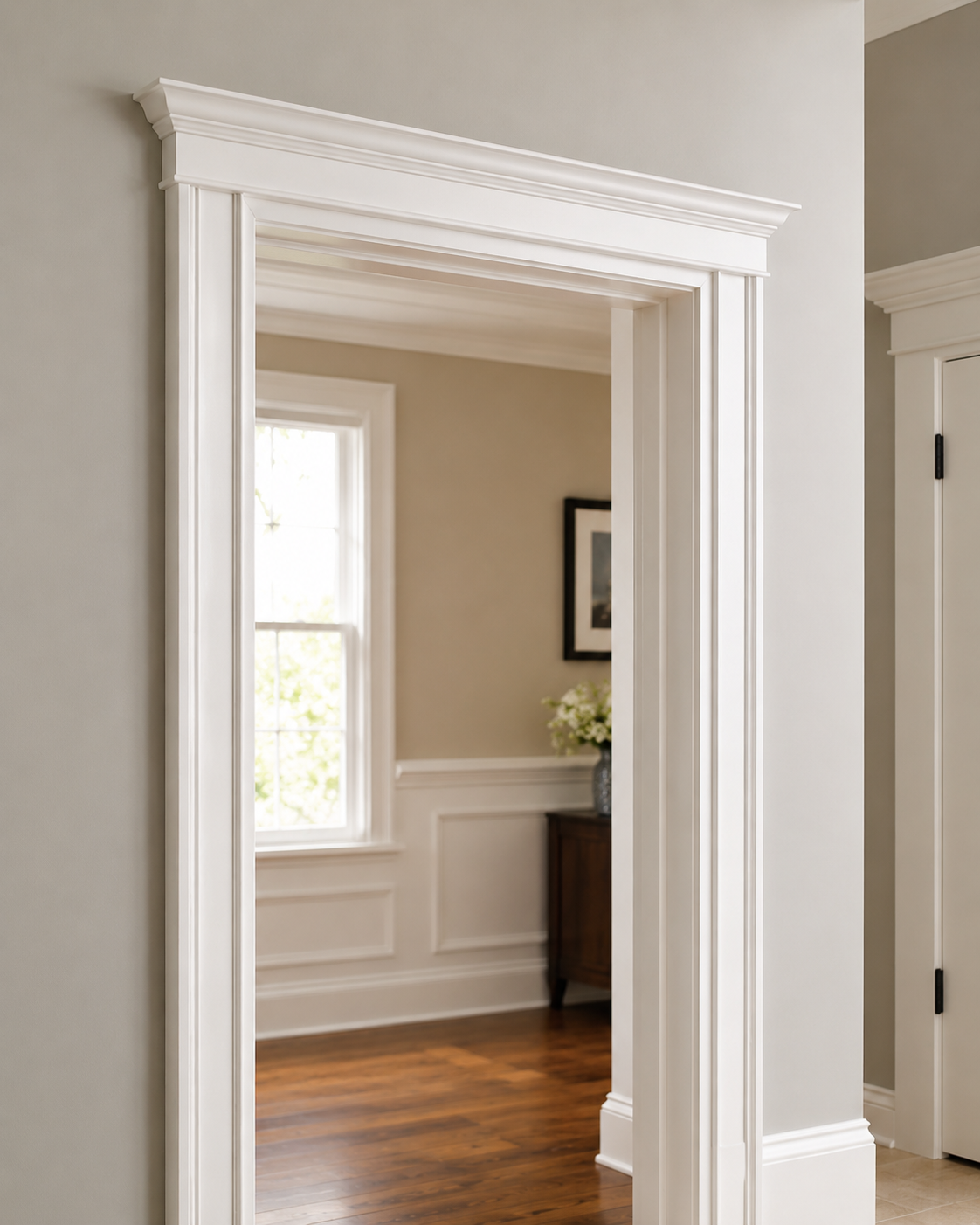 Modern white door casing with decorative trim in a bright contemporary home interior featuring elegant molding and hardwood flooring.
