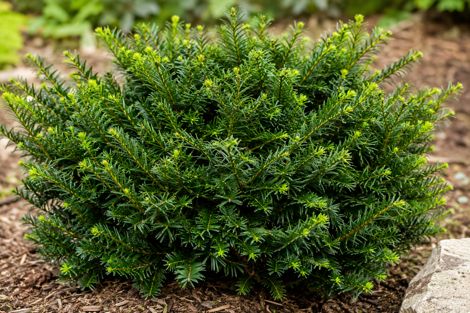 "Healthy Hicks Yew evergreen shrub with dense dark green foliage growing in a landscaped garden, showcasing vibrant new growth and a compact ornamental form."