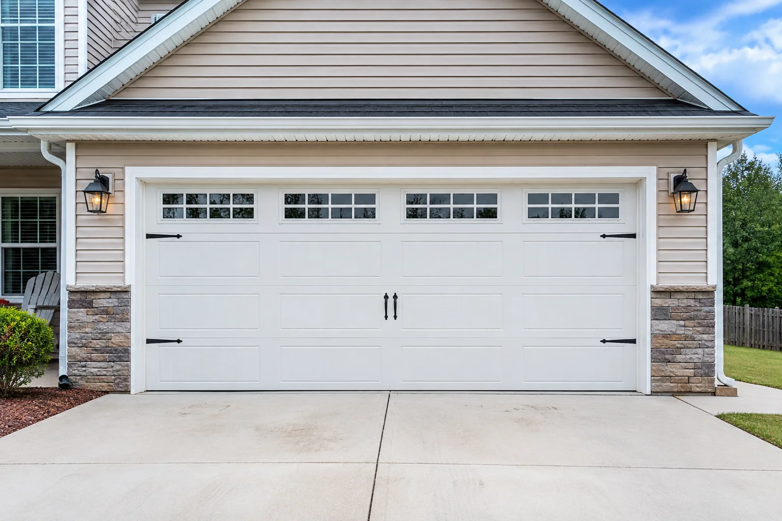 2-car garage door on a modern suburban home with white sectional panels and windows