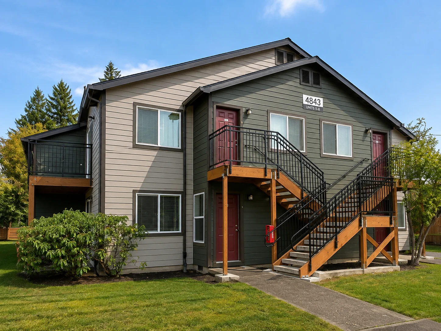Westbury Apartments in North Olmsted, featuring a modern multi-unit residential building with green and taupe siding, outdoor staircases, balconies, large windows, and landscaped surroundings.