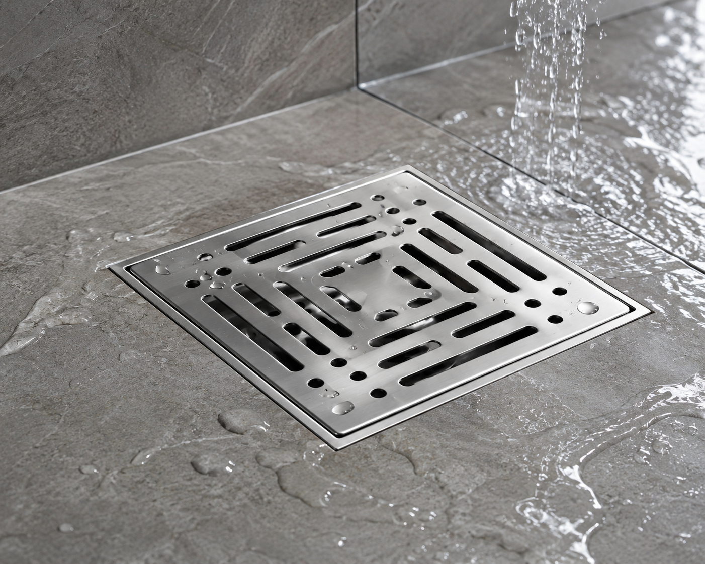 Modern stainless steel shower drain installed in a tiled walk-in shower floor with flowing water, showcasing a sleek linear drainage design for contemporary bathrooms.