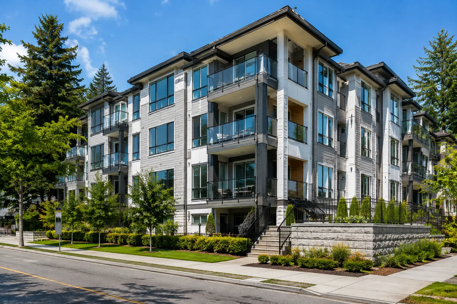 Modern condo building at 1295 Soball St #46 in Coquitlam, BC, featuring landscaped grounds, large windows, and glass balconies.