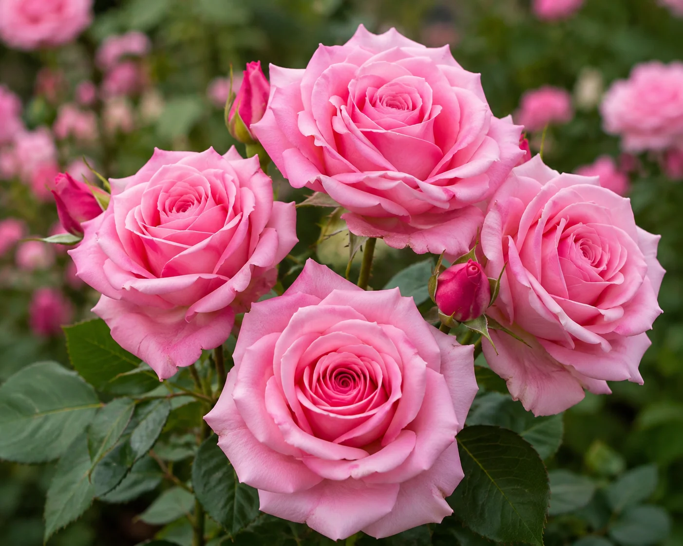 Pink roses blooming in a lush garden with vibrant layered petals, green leaves, and soft natural bokeh background.