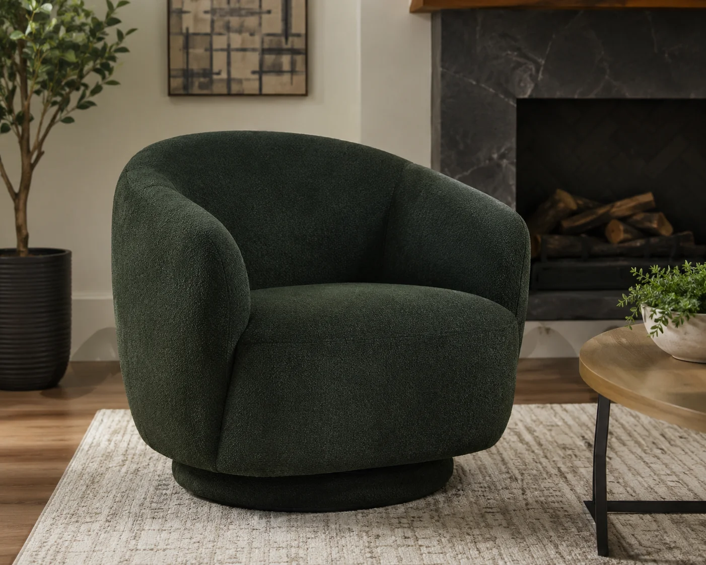 Ashley Jersonlow forest green swivel accent chair with a rounded design in a stylish modern living room interior.
