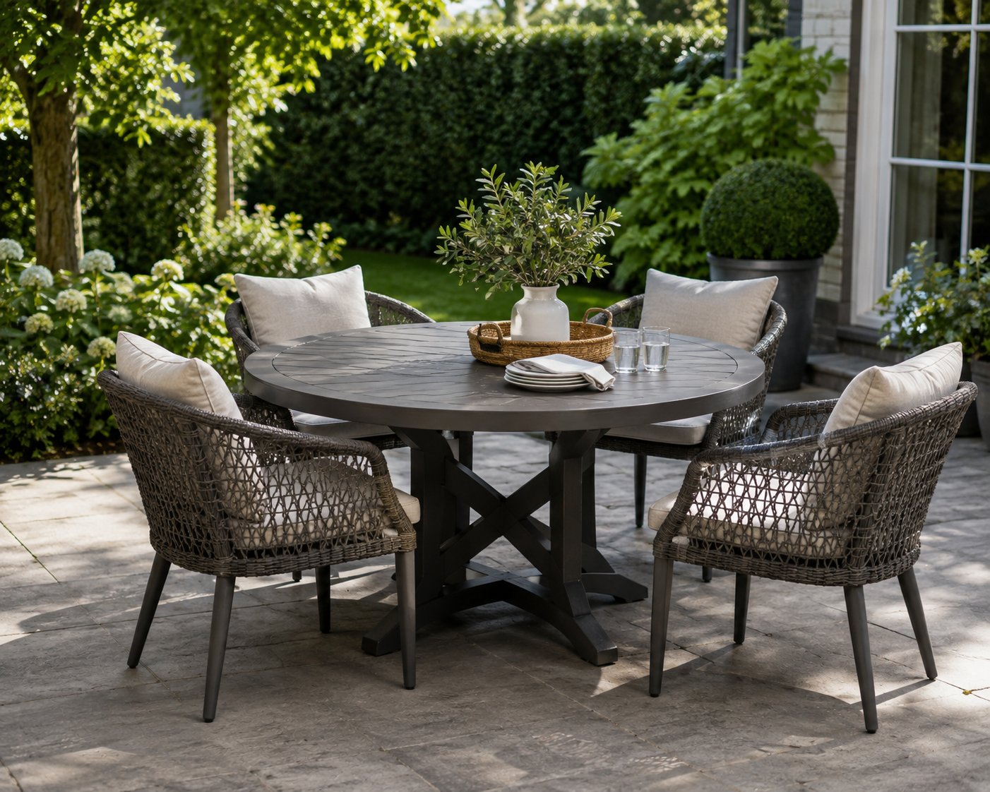 Weatherproof round outdoor dining table with four cushioned patio chairs on a modern stone patio, ideal for outdoor dining, backyard entertaining, and all-season garden furniture.