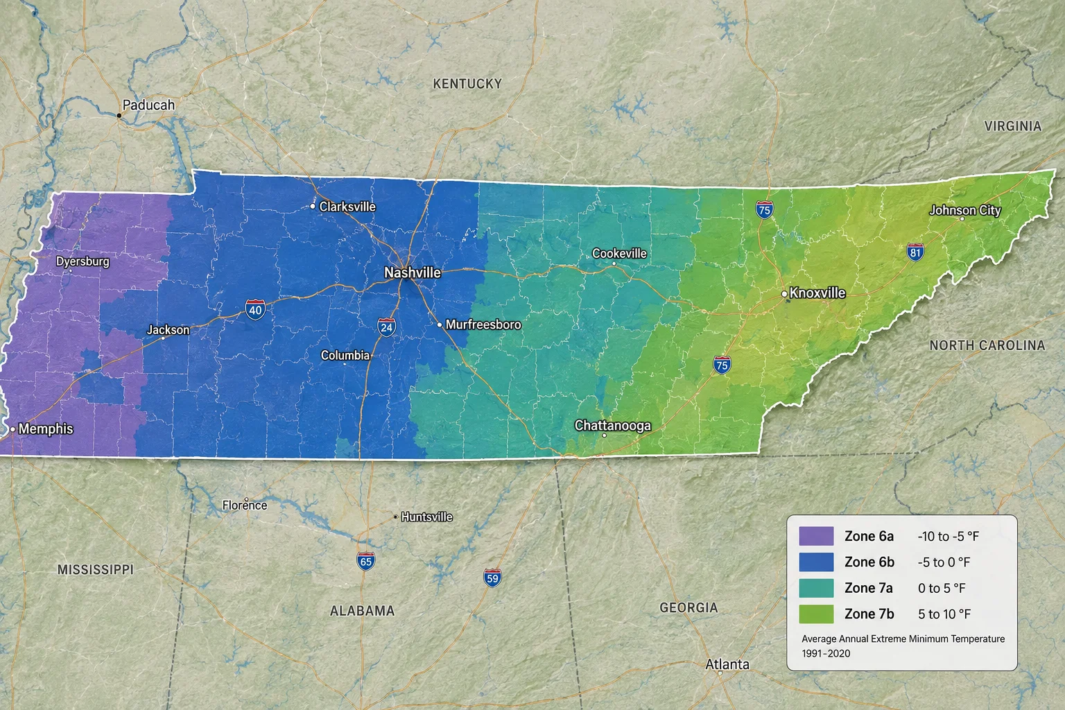 Tennessee USDA planting zones map showing growing zones 6a, 6b, 7a, and 7b across the state
