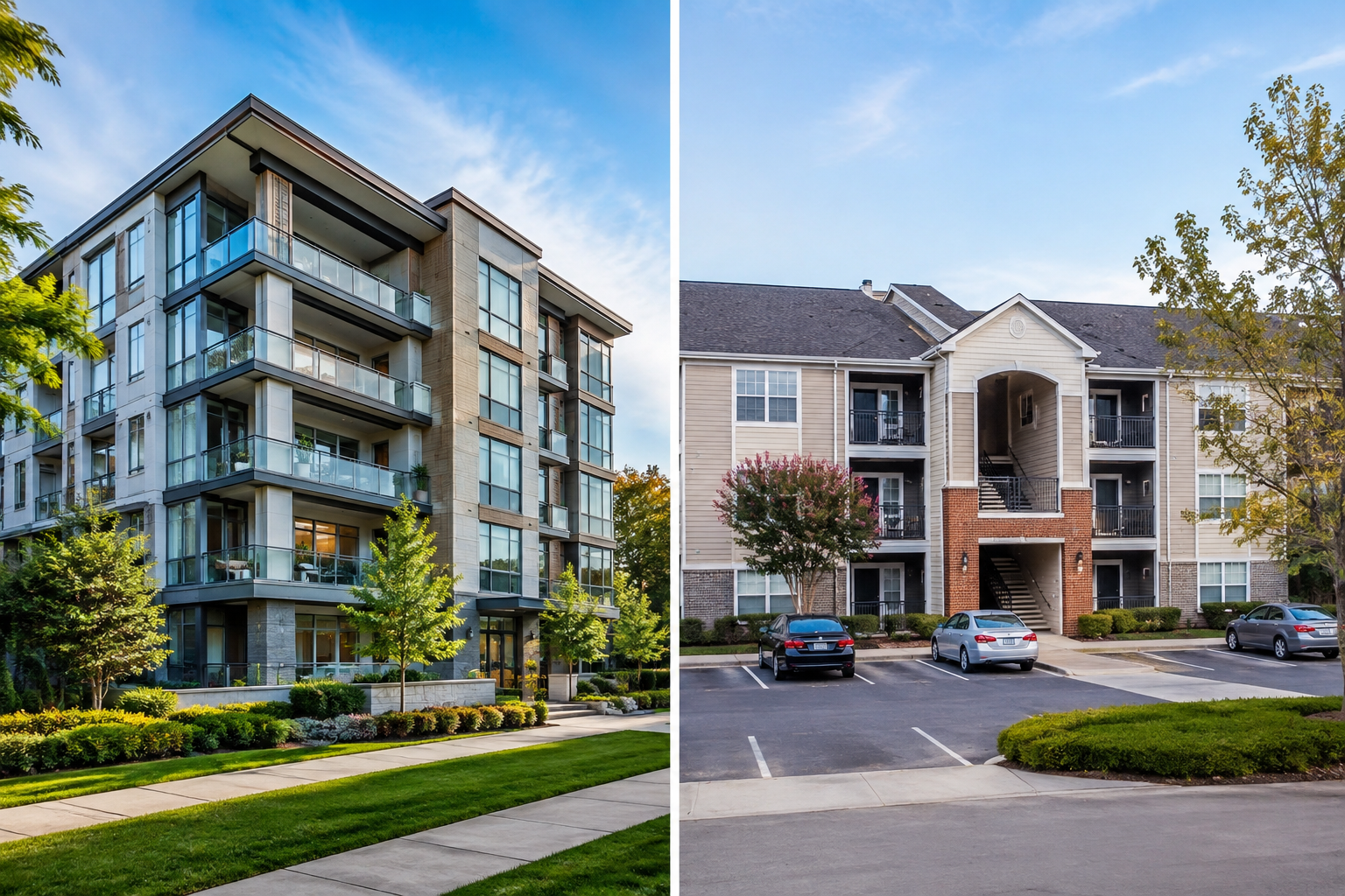 Realistic side-by-side comparison of a modern condominium building and a traditional apartment complex, highlighting differences in residential property styles, architecture, landscaping, and shared living environments.