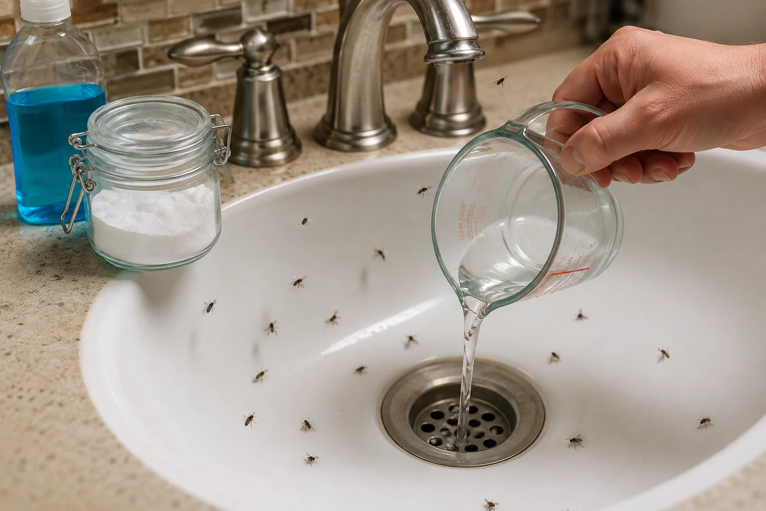 Drain flies around a bathroom sink drain as a natural cleaning solution is poured to help remove them quickly.