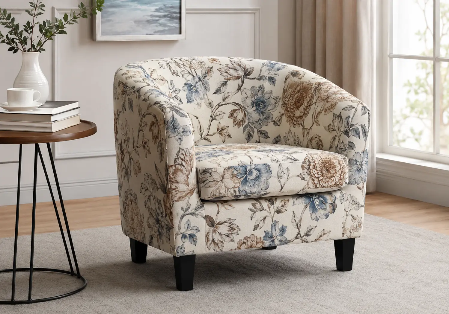 Darby Home Co Jaziel floral accent armchair in a cozy modern living room with neutral décor and natural light.