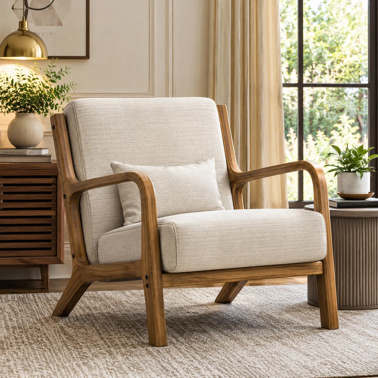 Hertford Lyquinn armchair featuring light beige upholstered cushions, a natural wooden frame, and curved arms in a bright modern living room.