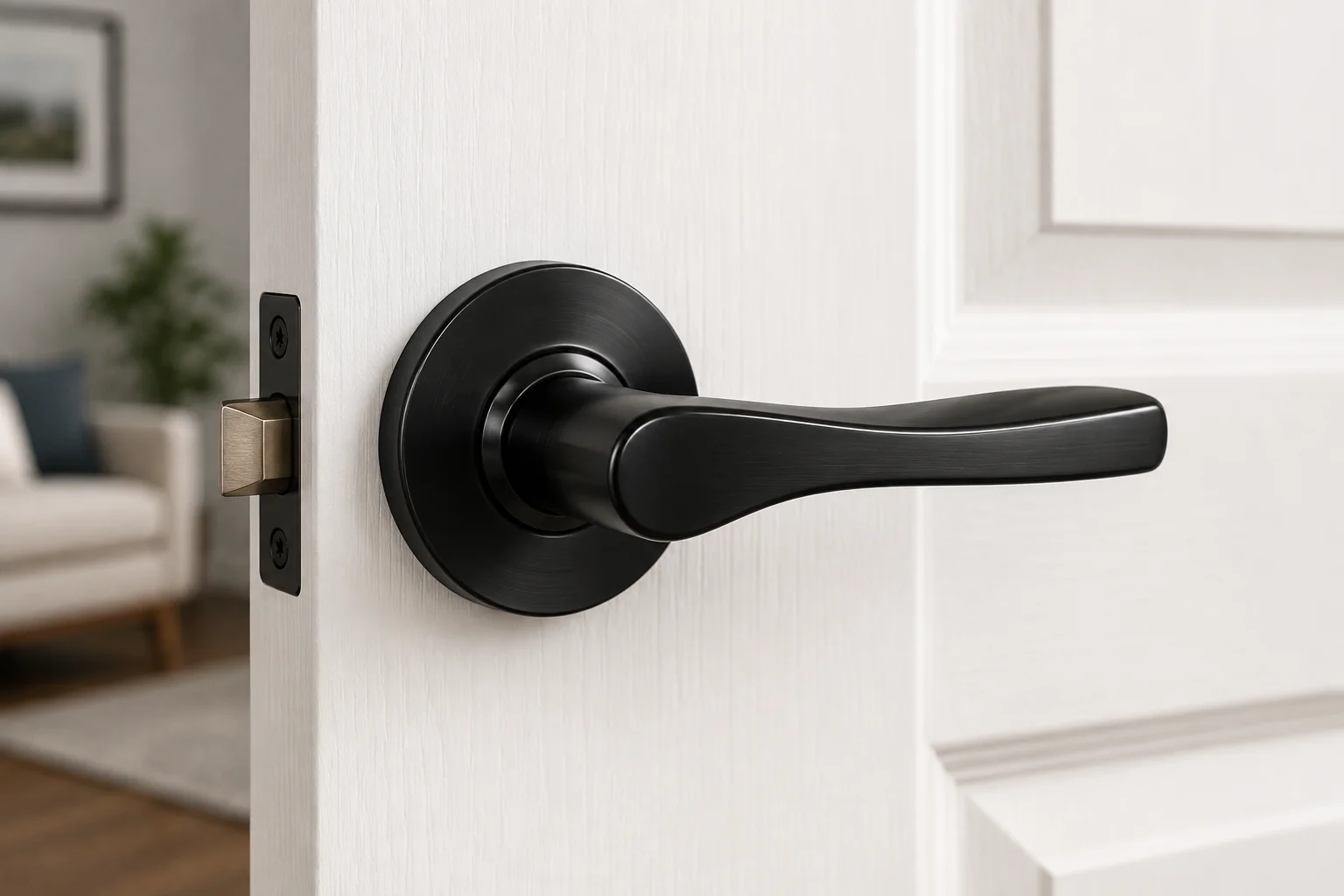 Modern matte black passage door handle installed on a white interior door