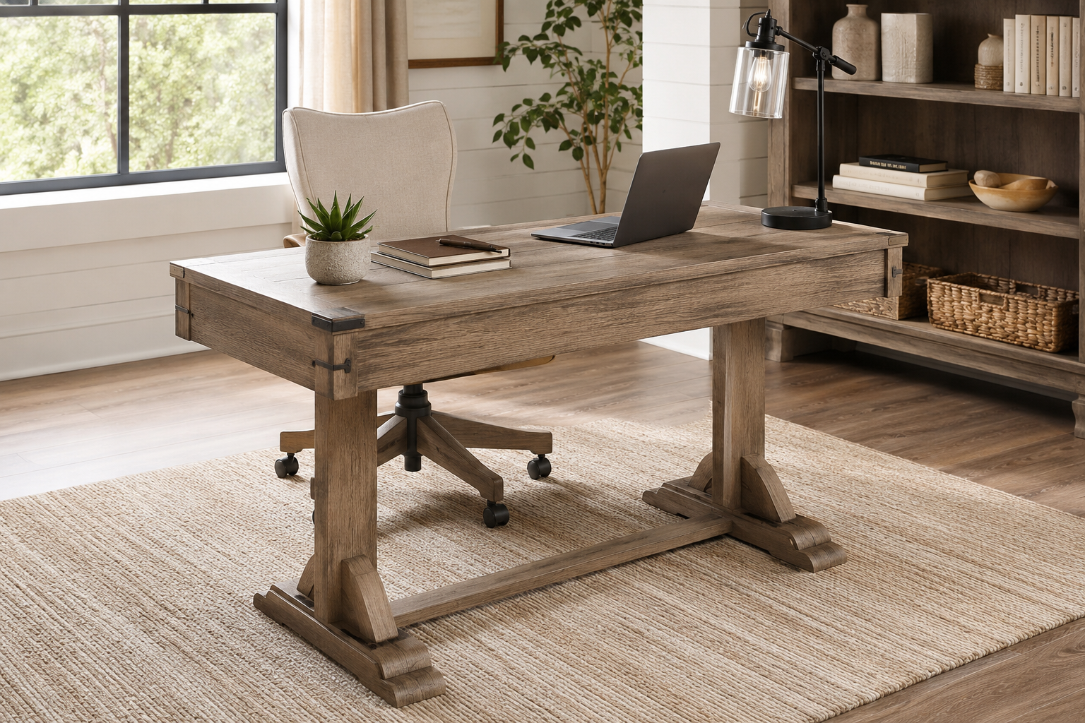 Ashley Furniture Jaspeni home office desk with upholstered chair in a modern rustic workspace featuring wood furniture and natural decor.