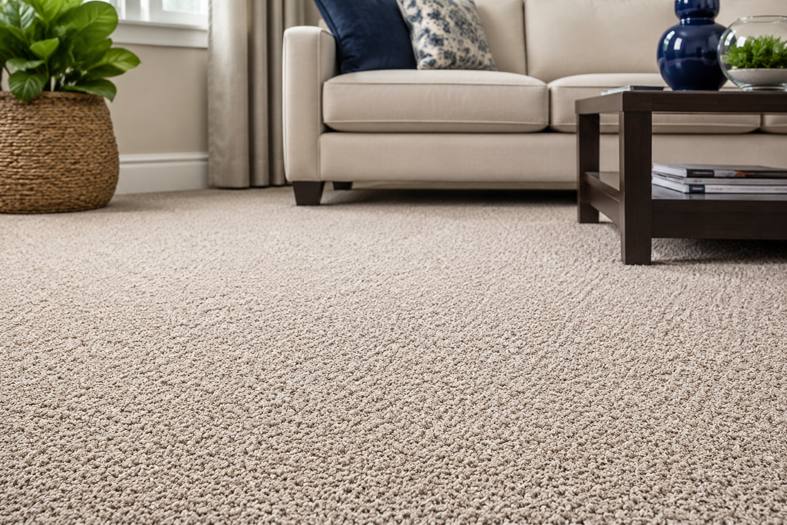 Close-up of soft nylon carpet flooring in a modern living room with plush texture, neutral tones, and stylish contemporary furniture illuminated by natural daylight.