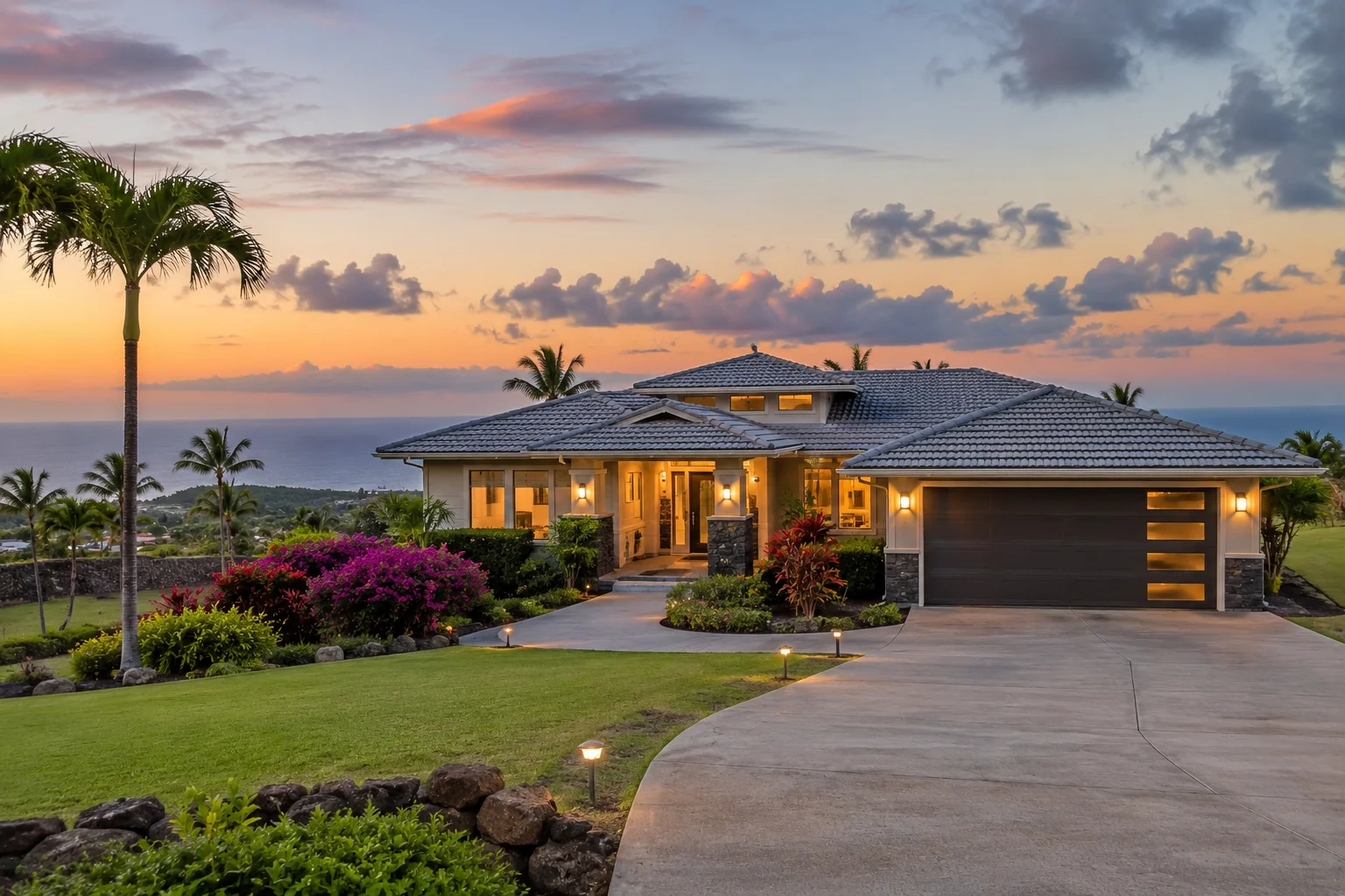 Luxury home in Kamuela, Hawaii 96743, surrounded by tropical landscaping with scenic ocean views.