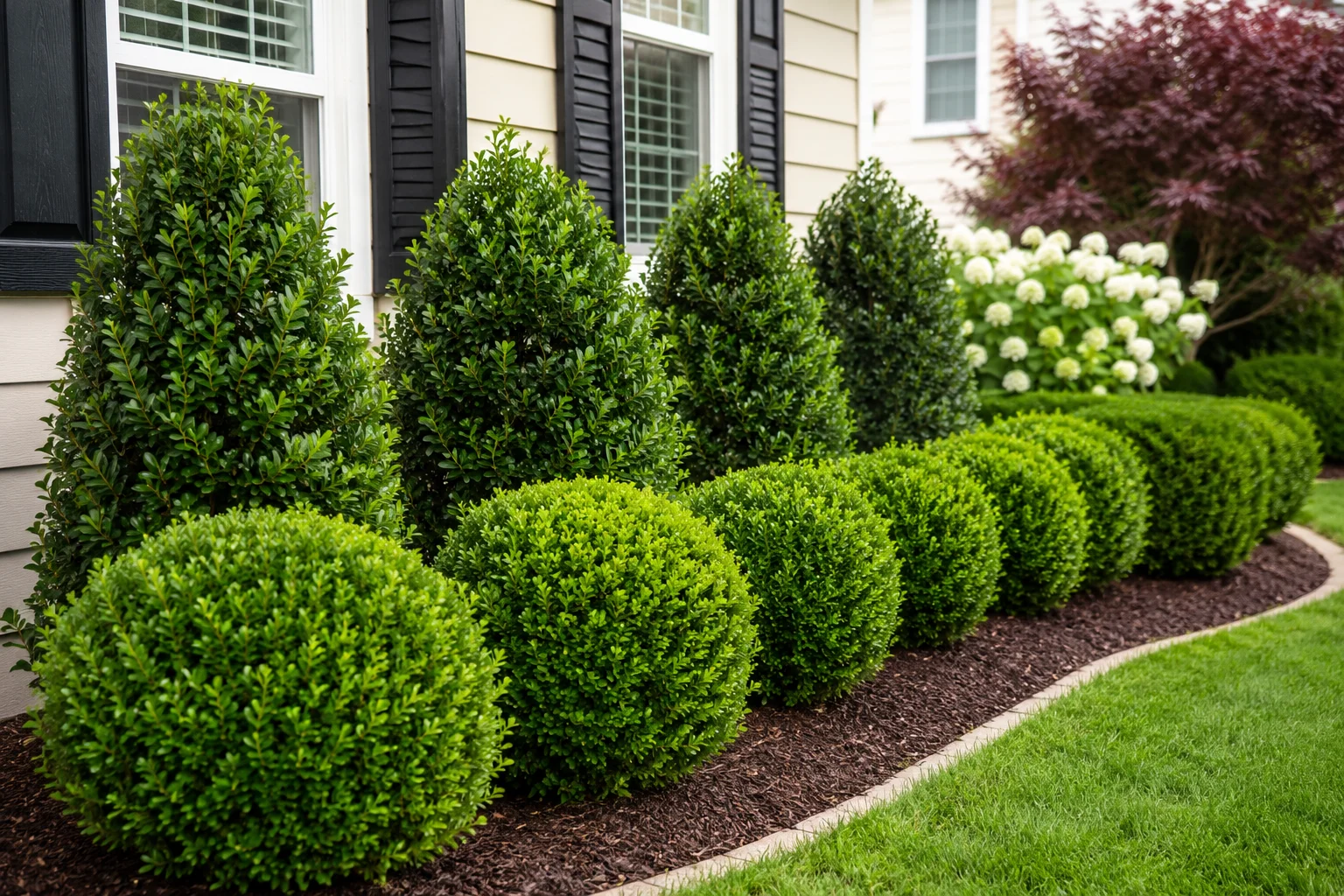 Best foundation hedges featuring neatly trimmed boxwood shrubs and evergreen plants along a beautifully landscaped home exterior.