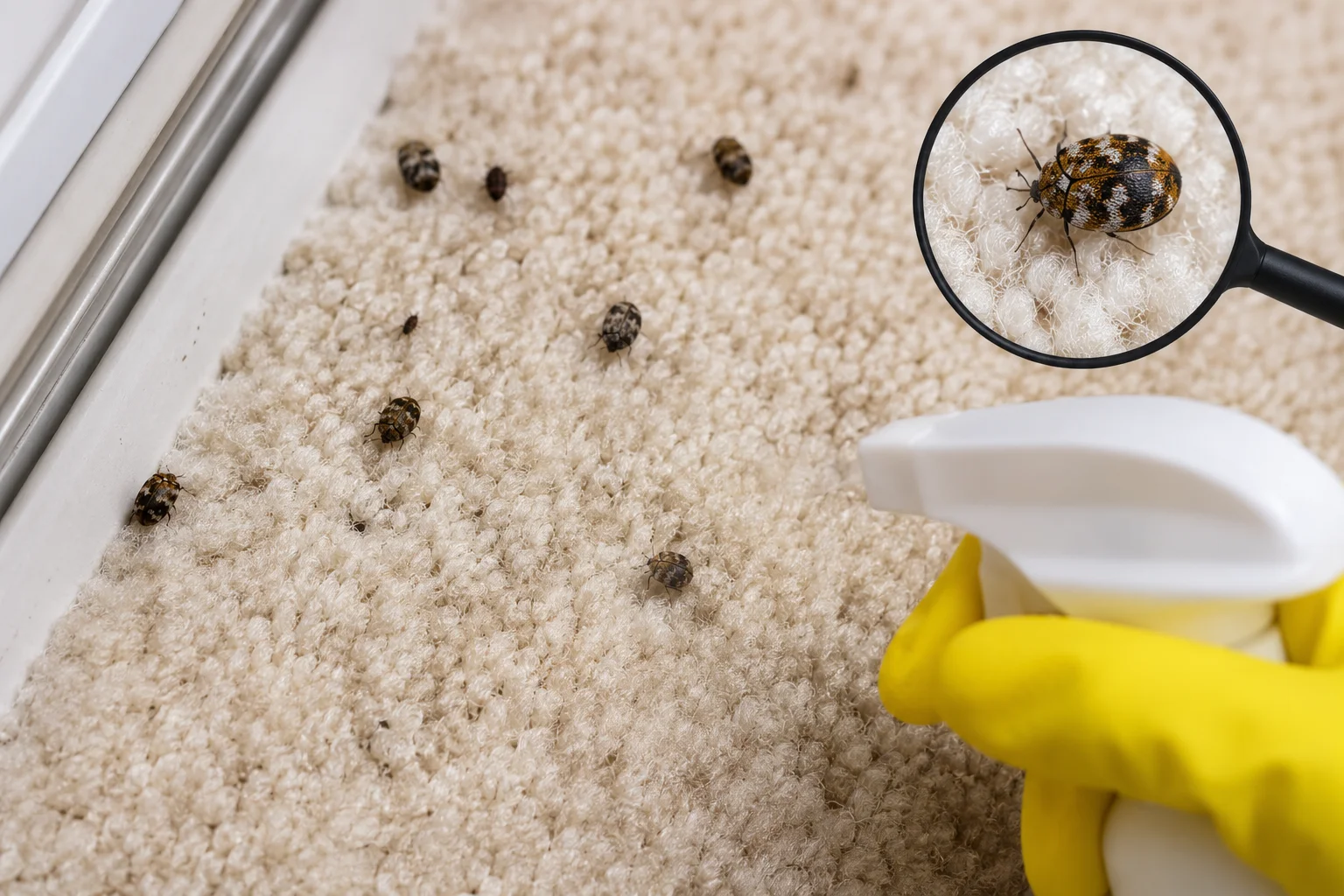 Carpet beetles on a light-colored carpet with a magnified close-up and home pest control treatment.