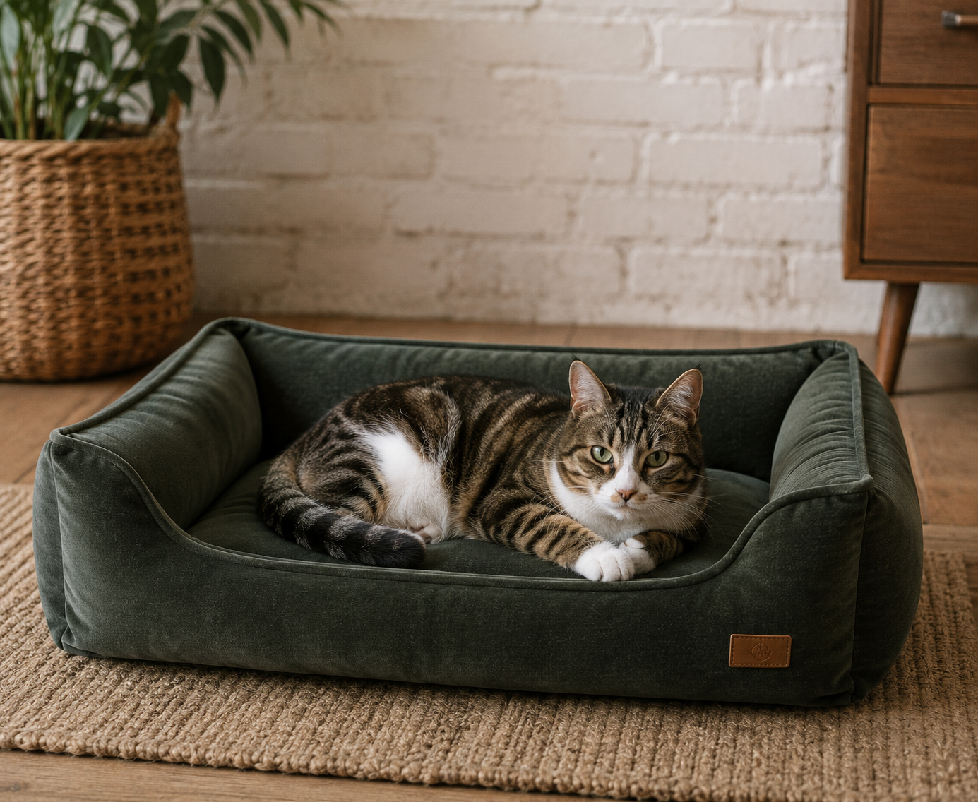 Realistic velvet cat bed with a comfortable raised bolster design, featuring a tabby cat relaxing in a modern living room for cozy indoor pet comfort.