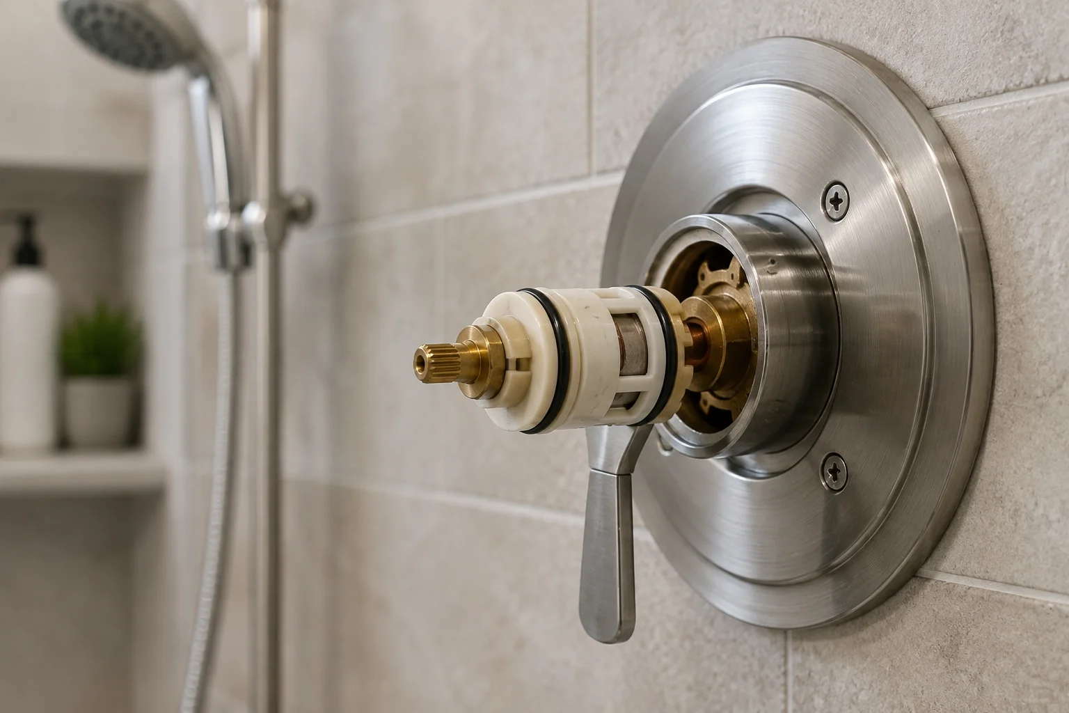Close-up of a shower cartridge being removed from a modern shower valve during bathroom plumbing repair.