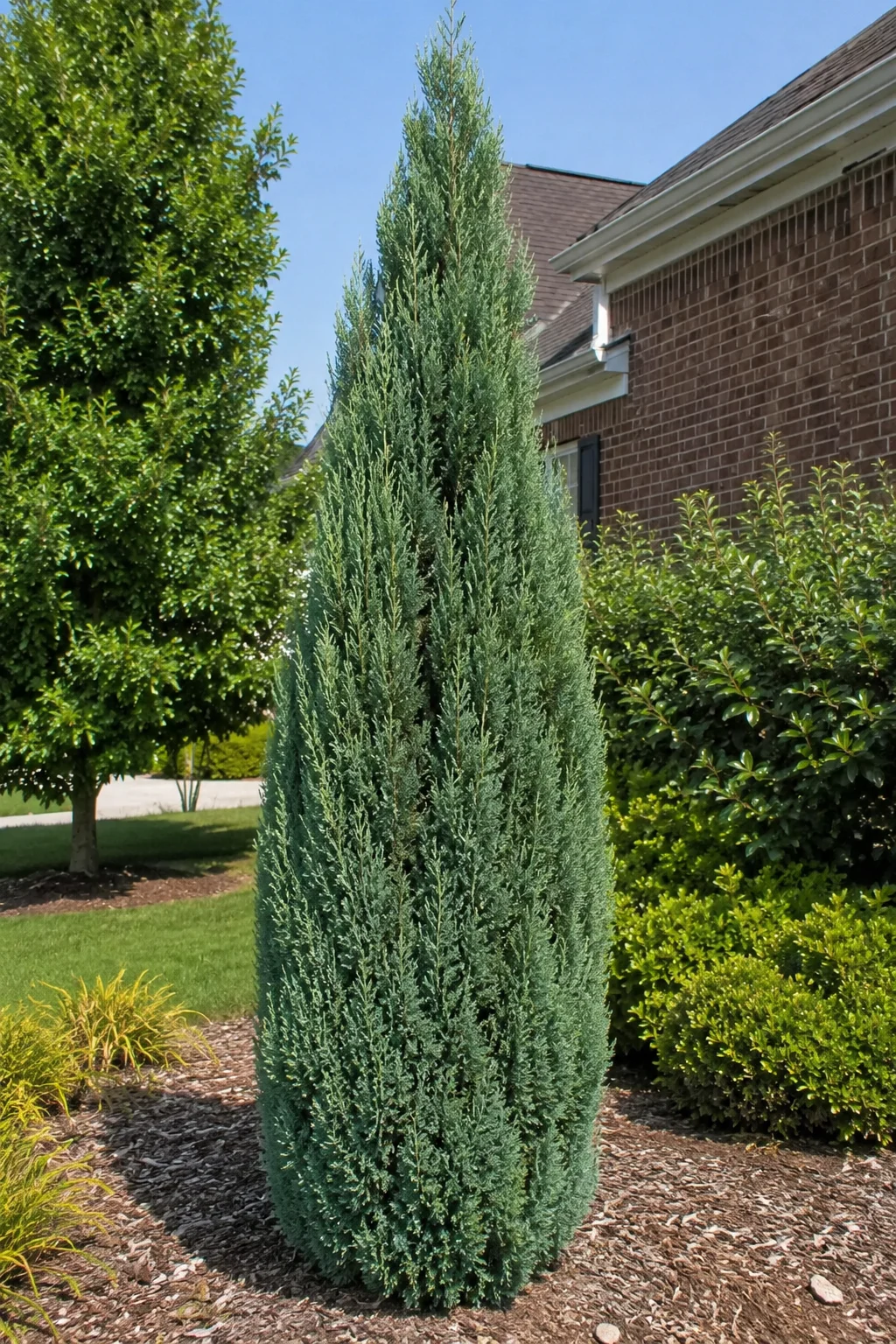 Tall Blue Point Juniper growing in a landscaped residential garden