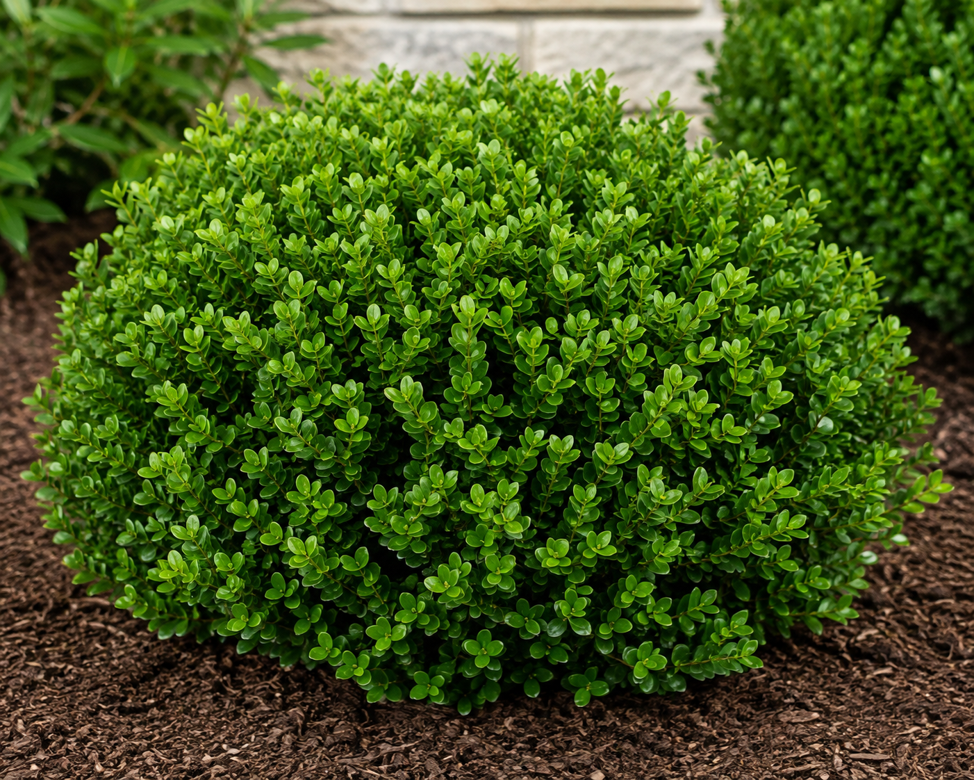 Green Mountain Boxwood shrub with dense evergreen foliage growing in a landscaped garden under natural daylight