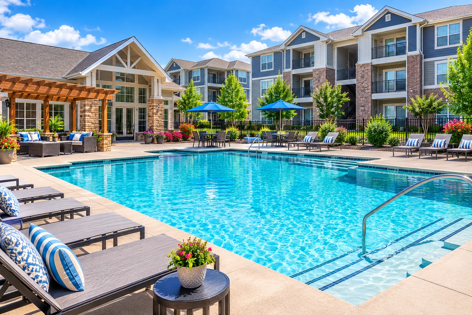 : Realistic view of Stones River Apartments in Murfreesboro, TN with landscaped grounds, modern apartment buildings, swimming pool, and outdoor amenities.