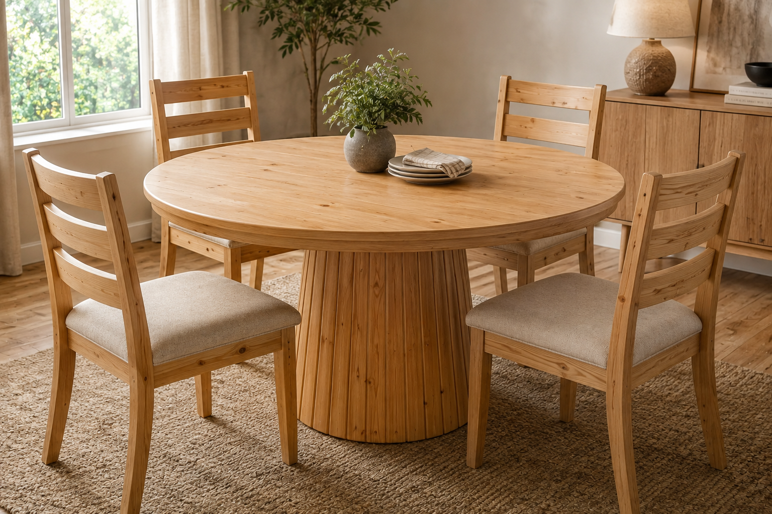 Realistic August Grove Reagan pine wood dining table with a round pedestal base and four matching chairs in a bright modern farmhouse dining room featuring natural wood grain and warm neutral décor.