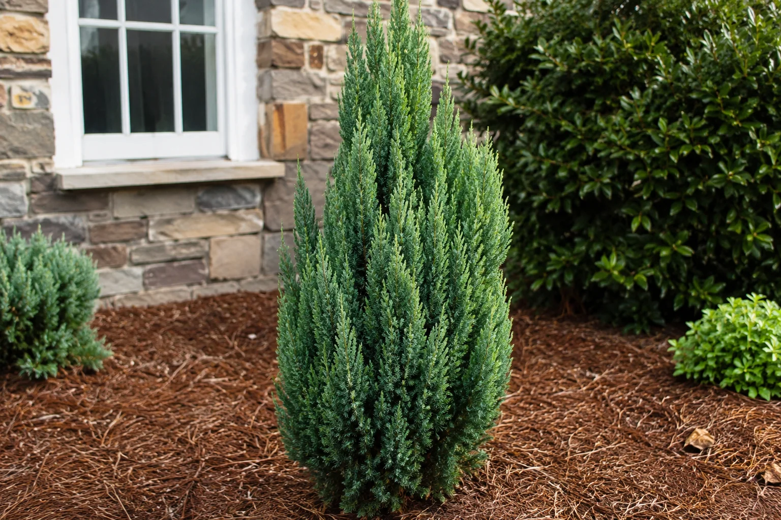 Realistic Spartan Juniper evergreen shrub with dense green foliage growing in a landscaped garden beside a house.