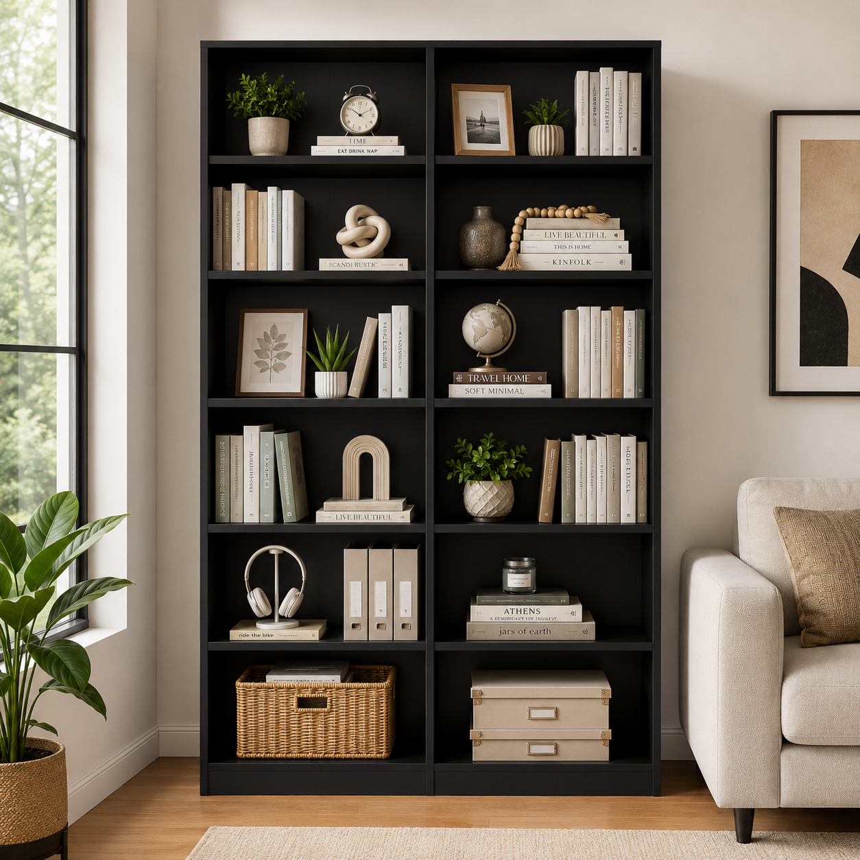 Ebern Designs Geng 6-Tier Bookcase in a modern living room with books, plants, décor, and storage baskets.