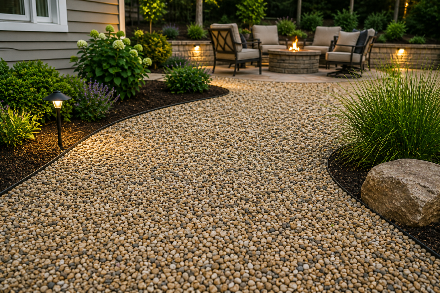 Pea gravel landscaping path with garden beds, ornamental plants, boulders, and a cozy backyard patio.