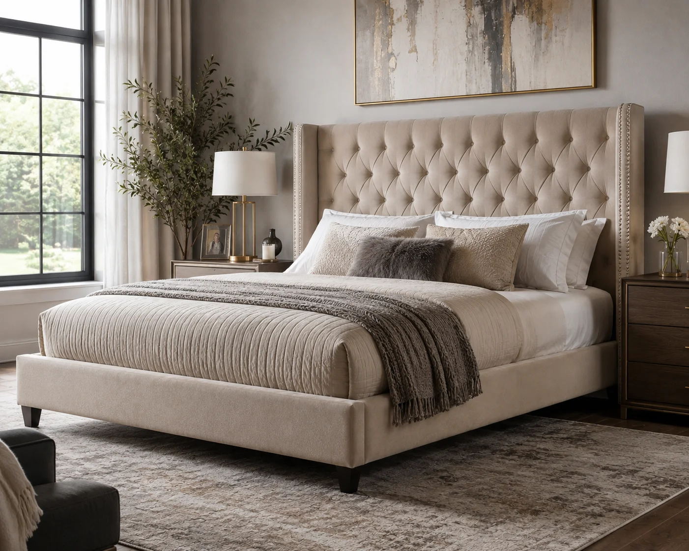 Modern Everly Quinn upholstered bed with a tall tufted headboard, neutral bedding, and elegant bedroom décor in a stylish luxury interior.