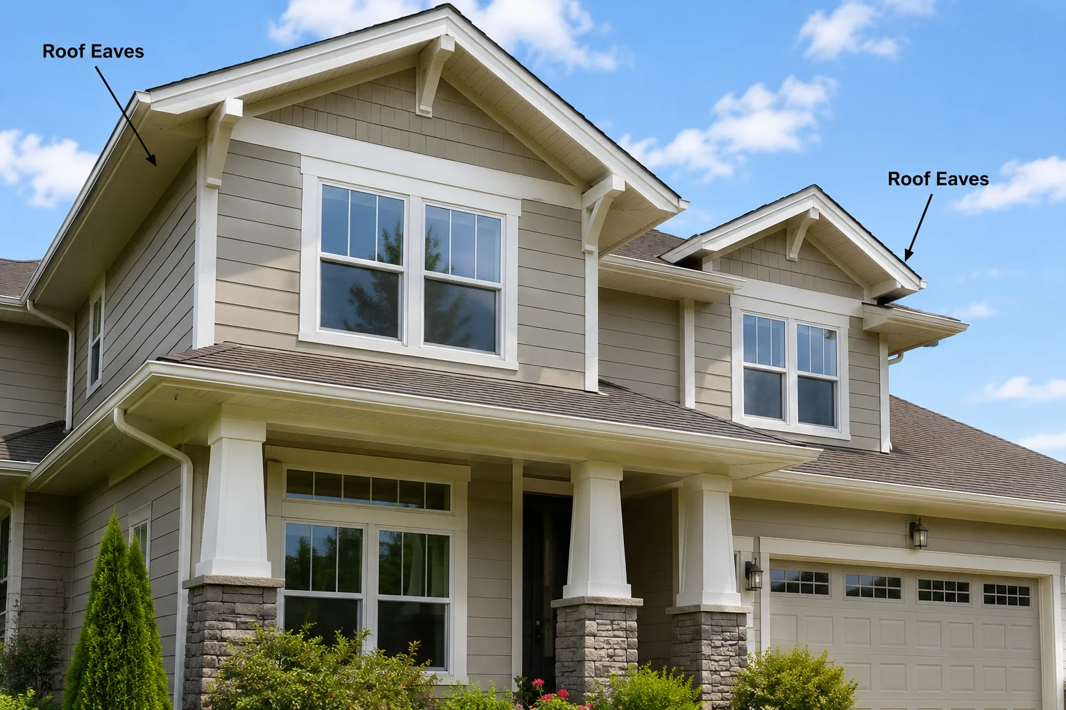 exterior view of a suburban house showing roof eaves, soffits, gutters, and architectural roofline details.
