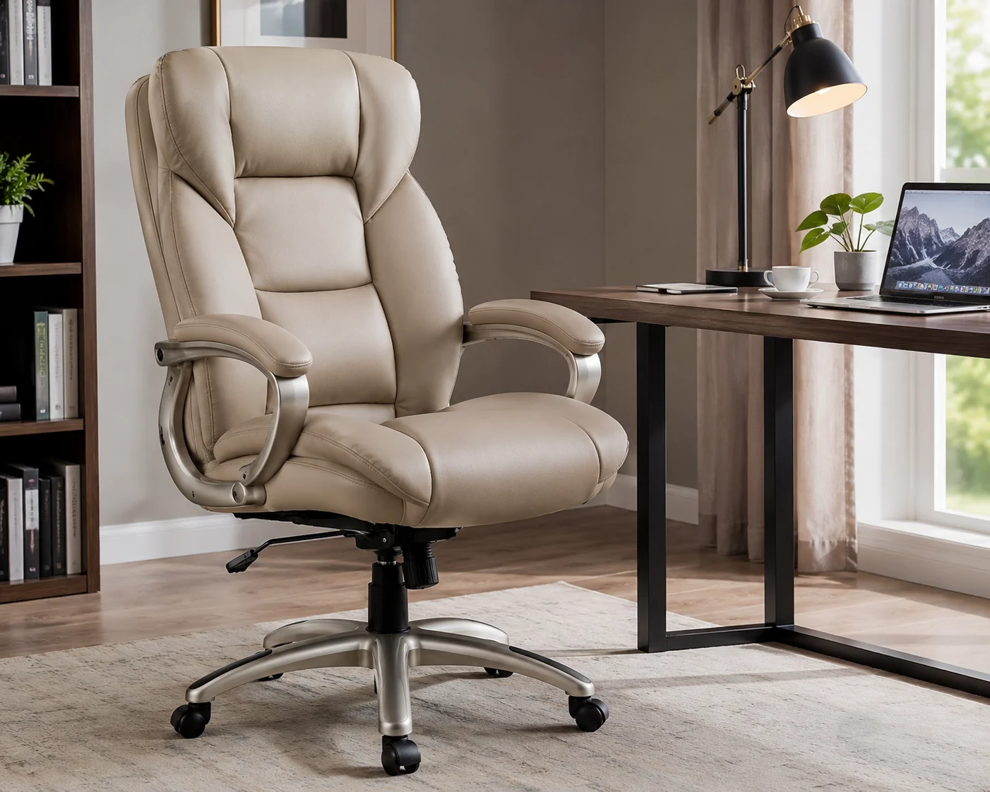 Winston Porter Lollie executive chair in a modern home office with a wooden desk and stylish décor.