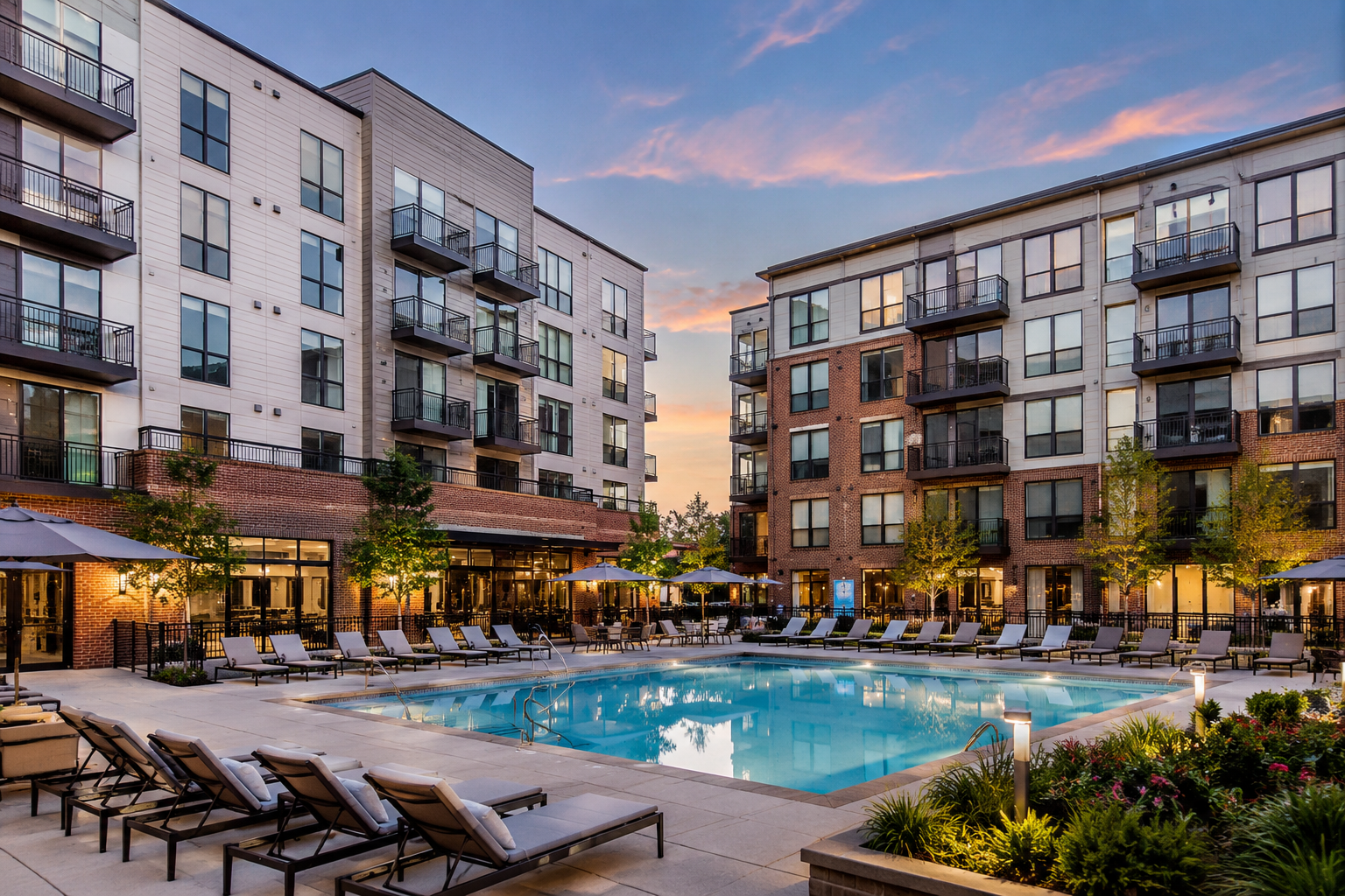The Alexander Apartments in Alexandria, VA featuring modern luxury apartment buildings with a resort-style swimming pool, landscaped courtyard, private balconies, and upscale outdoor amenities at sunset.