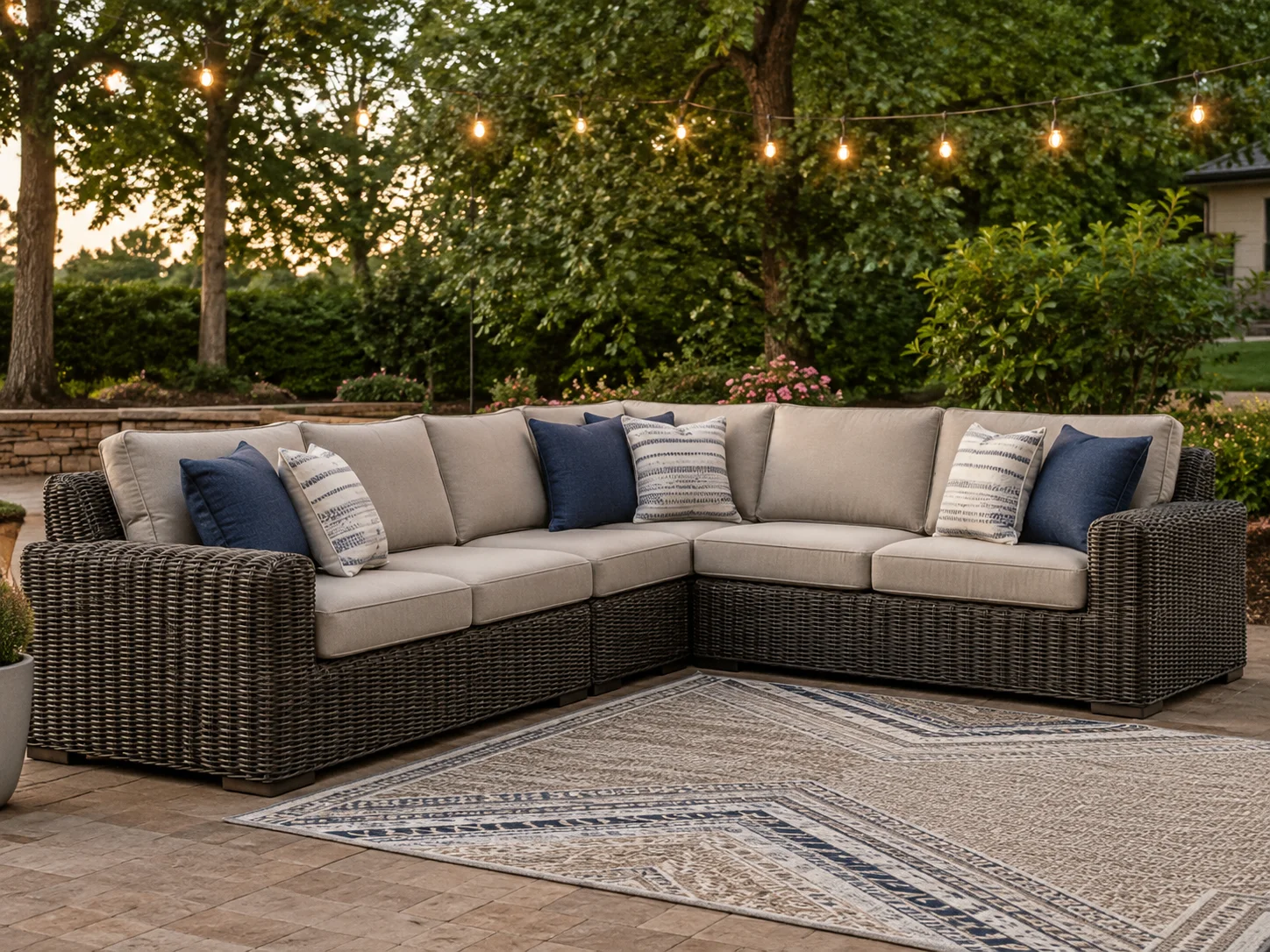 Ashley Beachloft 5-piece outdoor sectional with dark wicker frame, beige cushions, and navy accent pillows on a stylish backyard patio.