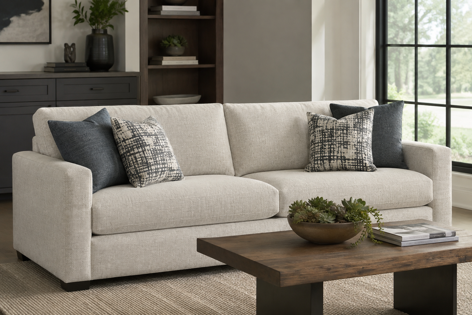 Flexsteel Cornesia 85-inch track arm sofa in a modern living room with cream upholstery, plush cushions, and dark wood accents.