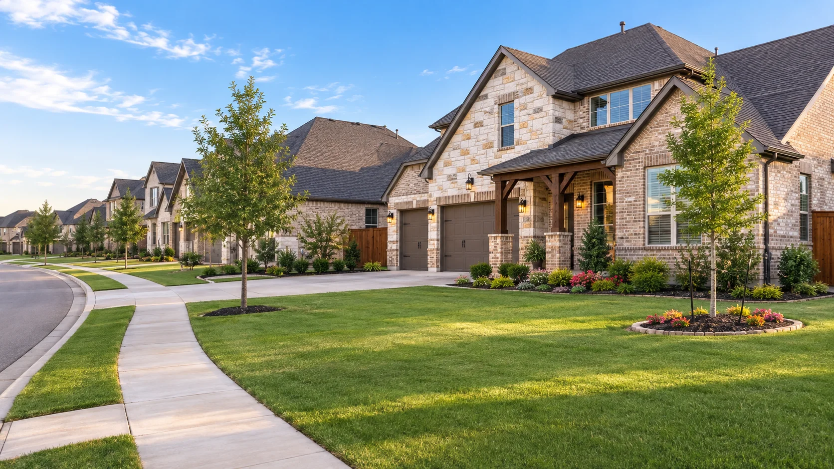 Modern new homes in The Oaks community, Red Oak, TX, featuring brick-and-stone exteriors, landscaped lawns, and a quiet suburban street.