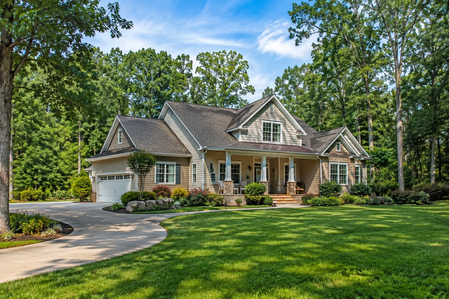 Beautiful single-family home with a landscaped front yard, curved driveway, and mature trees in Highlands Ln, Montpelier, VA 23192.