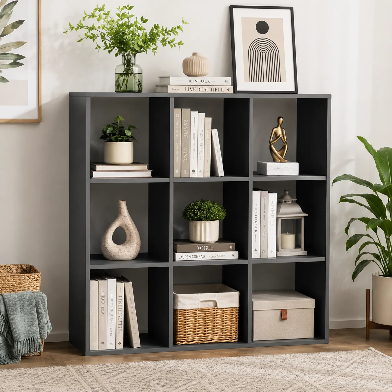 Modern Ebern Designs Presly Cube 3 Tier Bookcase with decorative storage cubes, books, plants, baskets, and stylish home décor in a contemporary living room.