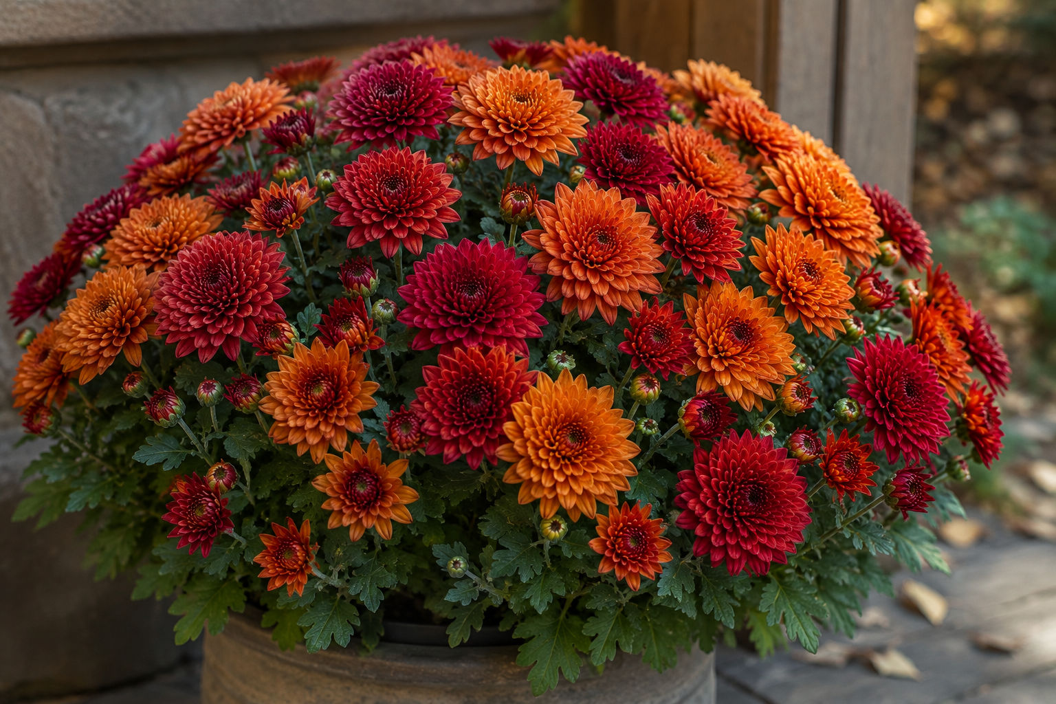 colorful chrysanthemum mums in full bloom growing in a decorative outdoor planter with vibrant red, orange, and burgundy flowers surrounded by lush green foliage.