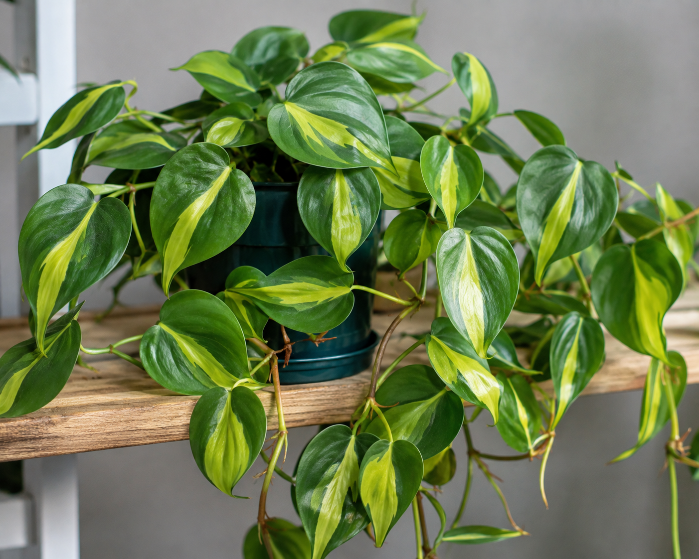 Philodendron Brasil houseplant with heart-shaped green and yellow variegated leaves growing in a stylish indoor planter, perfect for home decor and indoor gardening.