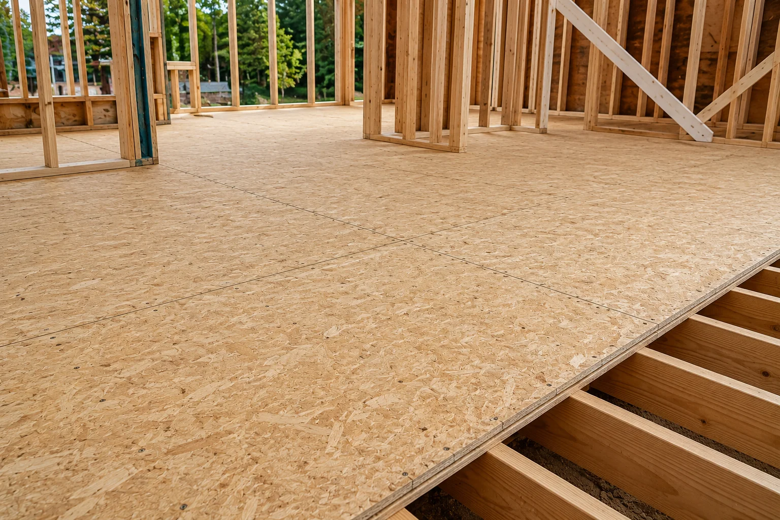 AdvanTech subfloor panels installed over floor joists in a house under construction