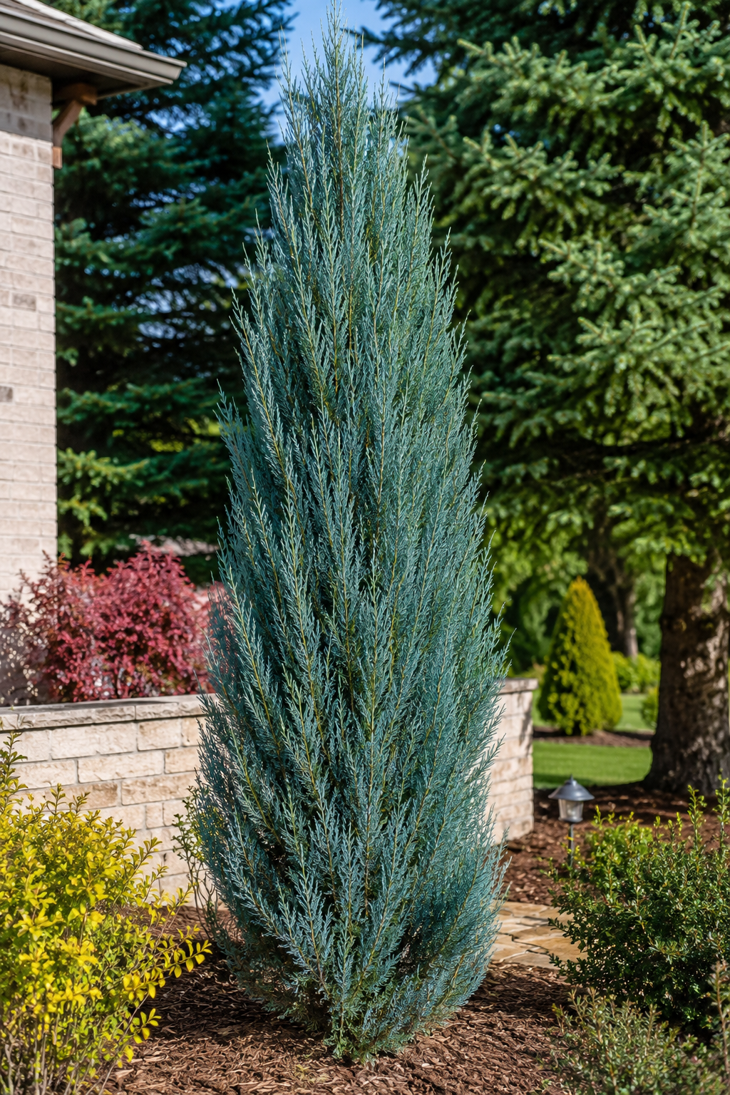 Tall Blue Arrow Juniper with silvery blue-green foliage growing in a landscaped garden beside a modern home.