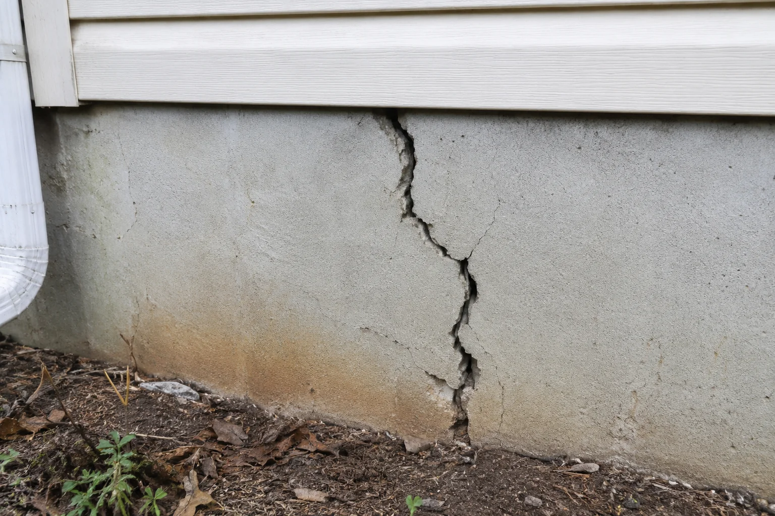 Close-up of a large vertical foundation crack in a concrete house foundation, showing branching cracks, surface damage, and soil along the base of the wall.