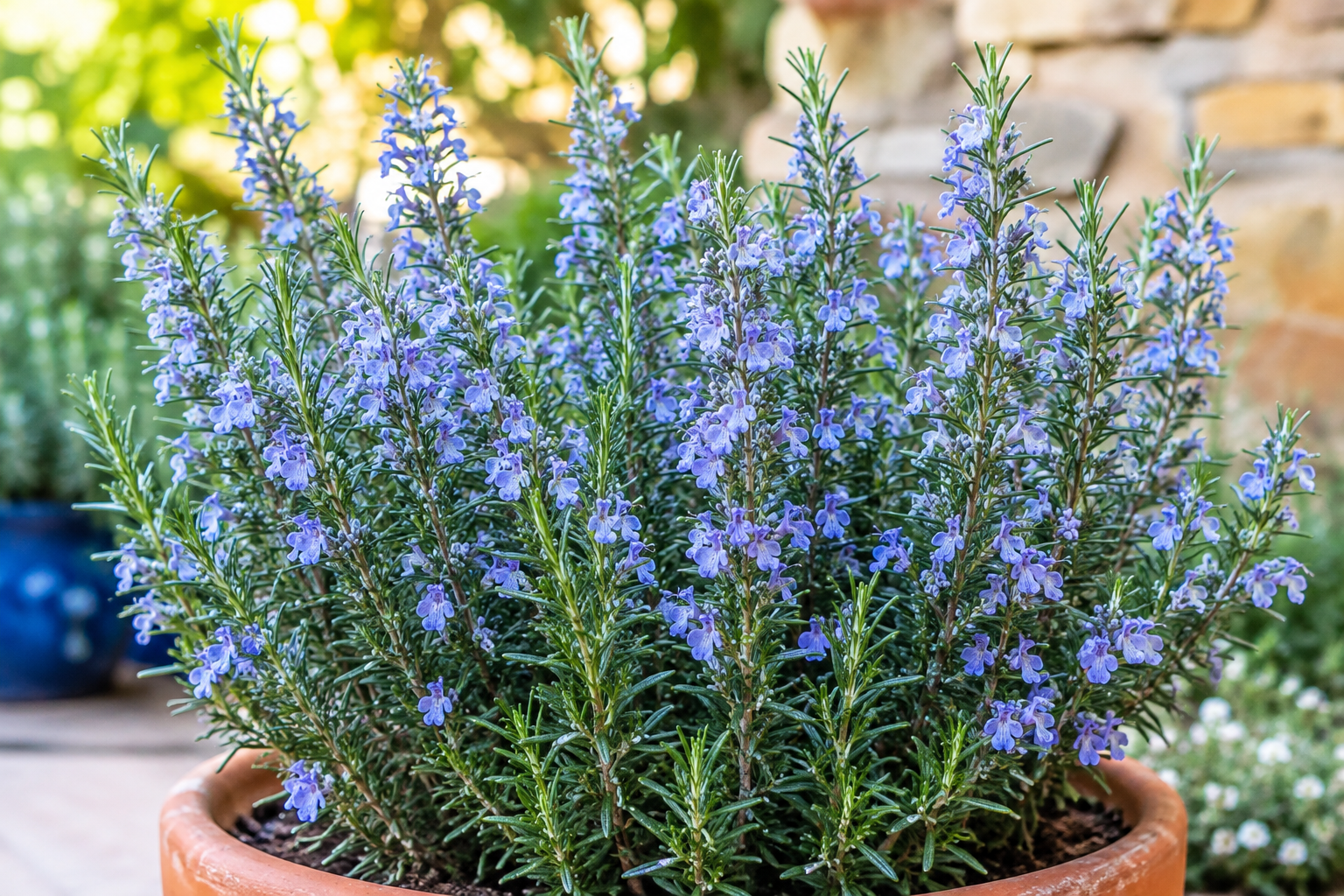 Tuscan Blue Rosemary plant with fragrant green foliage and delicate blue flowers growing in a terracotta pot in a sunny garden.