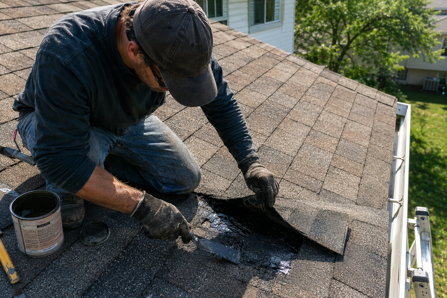 Professional roofer repairing a residential roof leak by applying sealant beneath damaged asphalt shingles.