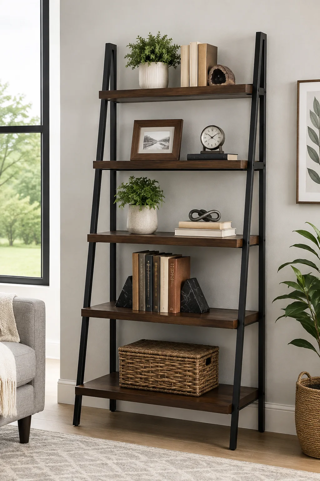 Williston Forge Jabari 5-tier ladder bookcase with rustic wood shelves and black metal frame styled in a modern living room.
