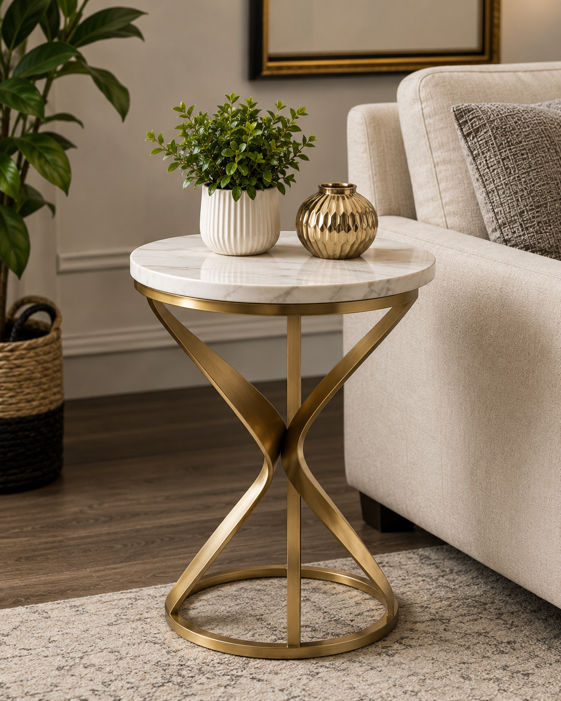 Elegant modern accent table with a white marble top and sculptural gold metal base, styled beside a contemporary cream sofa in a luxury living room with neutral décor and warm natural lighting.