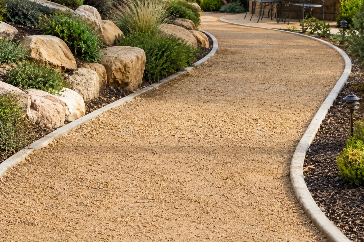 Natural decomposed granite pathway with a compacted gravel surface, curved edging, decorative rocks, shrubs, and landscaped garden plants.